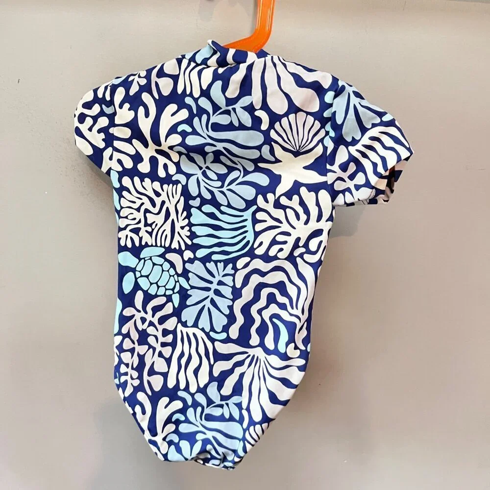 Boden‎ Kids Short Sleeve Zip-Up Swimsuit 3-4Y Blue & White Sea Life Print